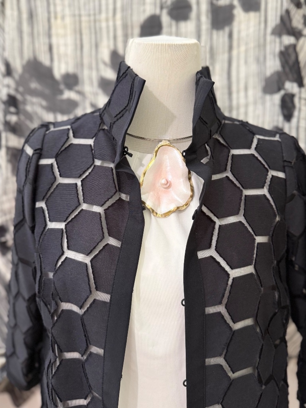 Per Se Black Sheer Geometric Silk Jacket, Size 0-2; Avant-Garde, Elegant, Modern